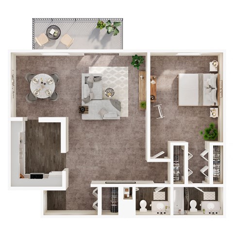 A top-down view of a house layout with a kitchen, living room, dining room, and bedrooms.